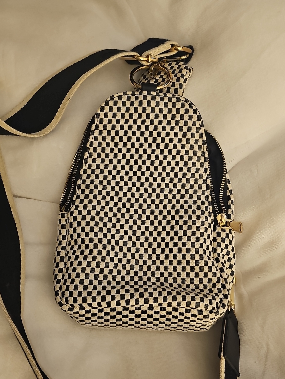 Checked Crossbody Sling Bag in Black and Cream - Unbranded